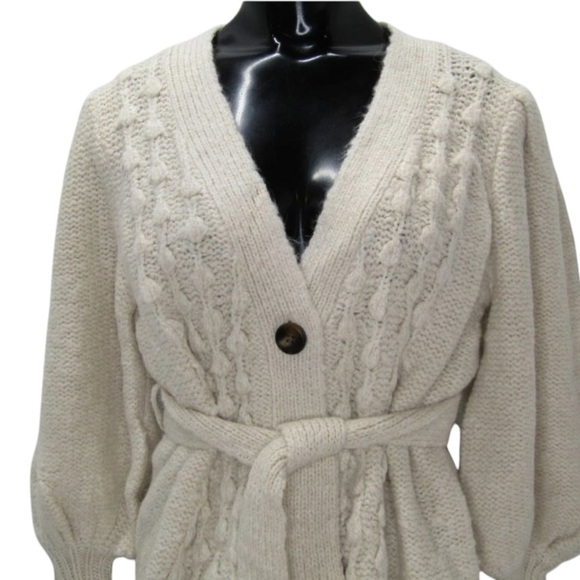 Toccin Womens Cardigan Short Popcorn Button Up Waist Tie  Size M Vanilla Beige - Picture 2 of 10